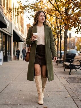(O) Knee-High Block Heel Boots in Beige - Women's Suede Look, Sz 9.5
